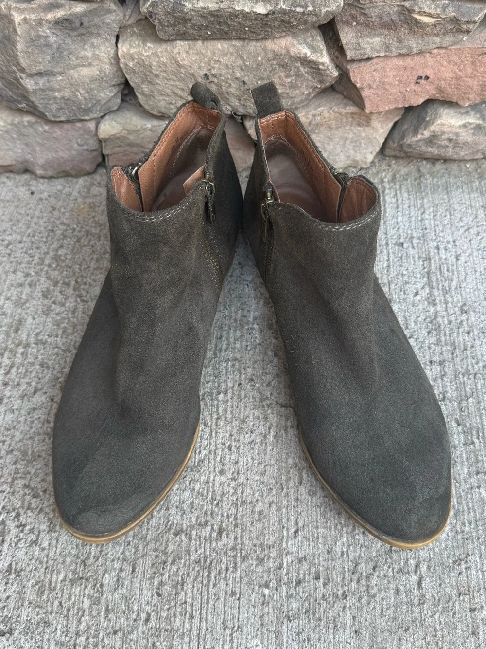 Lucky Brand Dark Olive Suede Ankle Booties with Side Zip